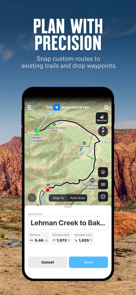 onX Backcountry: Trail GPS App - Users can precisely plan custom routes utilizing the 'Snap To' trail feature and immediately view essential metrics like distance and elevation gain.