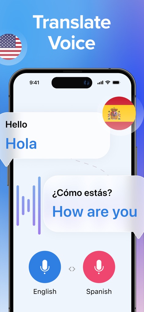 Talk & Translate AI Translator - Users can engage in real-time bilingual conversations, visually represented by dynamic conversation bubbles and an intuitive dual-microphone interface.