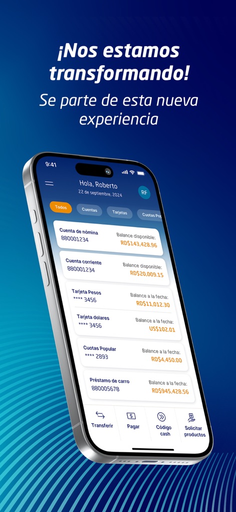 Banco Popular Dominicano - La aplicación ofrece una vista consolidada de cuentas, donde los usuarios pueden observar el balance disponible y un diseño de navegación inferior intuitiva para acciones rápidas.