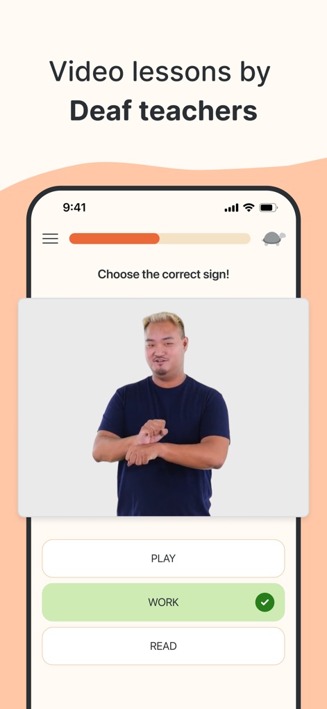 Lingvano - Learn Sign Language - The app delivers authentic instruction through video lessons led by Deaf teachers, complemented by a 'turtle icon' to adjust video playback speed for clear understanding.