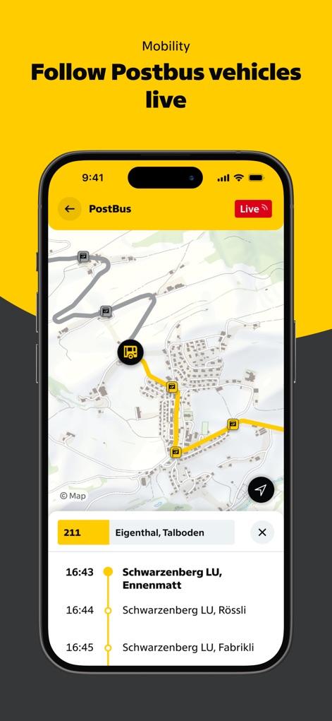 Swiss Post - L'application permet de suivre les "Postbus vehicles" en temps réel sur une carte, fournissant des "timetable data" précis pour une planification optimisée des trajets.