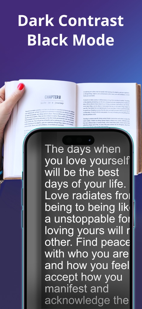 Magnifying Glass + Flashlight - Der spezielle Hochkontrastmodus verbessert die Lesbarkeit erheblich, indem er weißen Text auf schwarzem Hintergrund und große, deutliche Buchstaben für Nutzer mit Sehschwäche anzeigt.