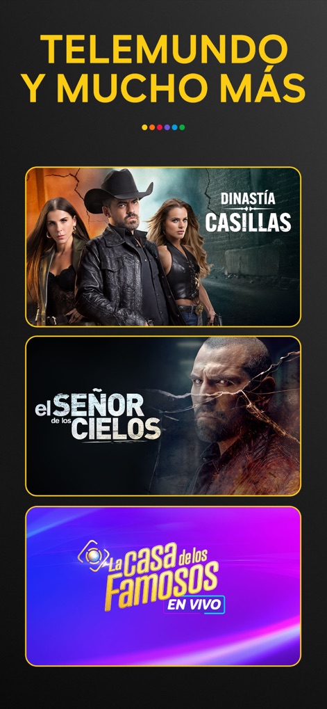 Peacock TV: Stream TV & Movies - The app highlights its extensive Spanish-language offerings, featuring popular shows like 'Dinastía Casillas' and 'El Señor de los Cielos'.