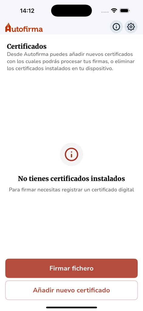 Autofirma App - Users can view the certificate status with a 'No tienes certificados instalados' warning and easily add new certificates via the dedicated button.