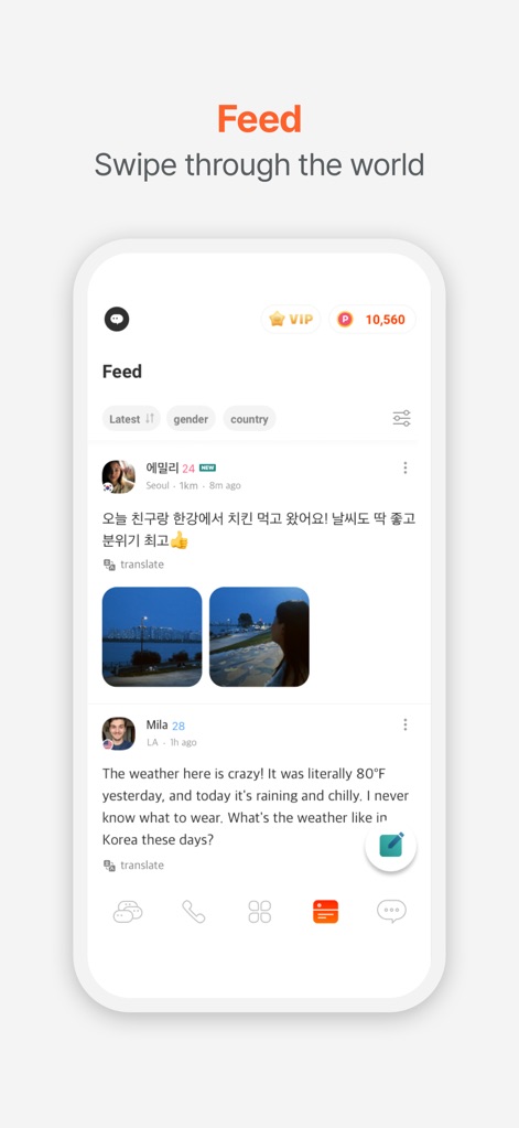 DaTalk – Chat by Interests - Der personalisierte Feed präsentiert Beiträge von Nutzern aus aller Welt mit integrierten Bildern und einer praktischen Übersetzungsoption, um Inhalte mühelos zu verstehen.