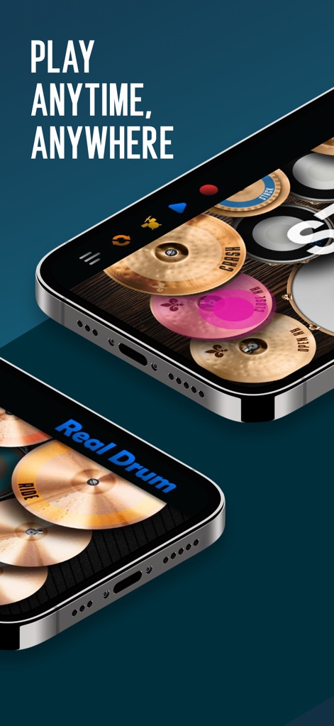 Real Drum: electronic drum set - ユーザーは多様なシンバルやドラムパッドを備えた仮想ドラムセットを、場所を選ばずにスマートフォンで楽しむことができます。