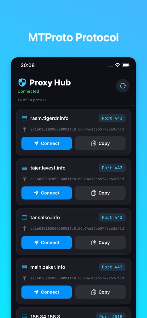 MTPROXY: MTPROTO Proxy تلگرام - This tool showcases active MTProto protocol servers, featuring distinct proxy addresses and their corresponding 'Port' numbers for secure connections.