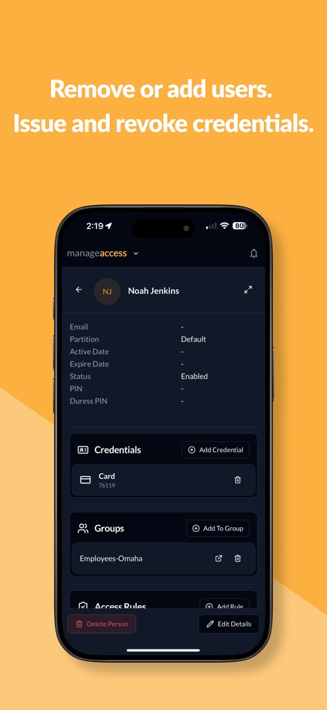 PDK Access by ProdataKey - 이 앱은 '사용자 세부 정보' 섹션에서 특정 사용자의 정보를 확인하고, '자격 증명' 추가 또는 삭제 옵션을 통해 접근 권한을 유연하게 부여하거나 철회할 수 있도록 합니다.