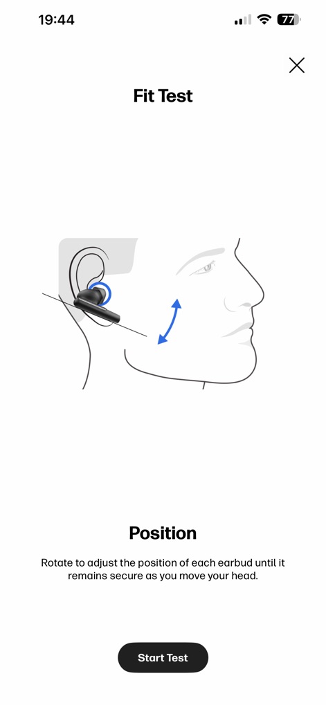 HP Poly Studio Mobile - Los usuarios pueden realizar una prueba de ajuste para optimizar la comodidad y el sonido, guiados por un diagrama ilustrativo de la colocación del auricular y claras instrucciones textuales para el ajuste.