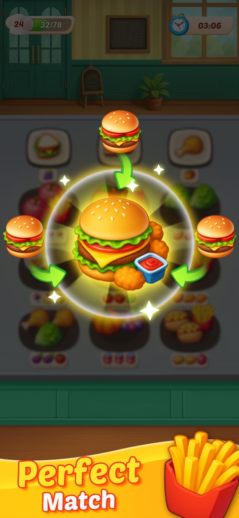 Food Sort: Puzzle Game - Esta escena resalta una combinación perfecta lograda, enfatizando la animación circular de elementos alrededor de la hamburguesa gigante destacada, que indica una exitosa agrupación de alimentos.