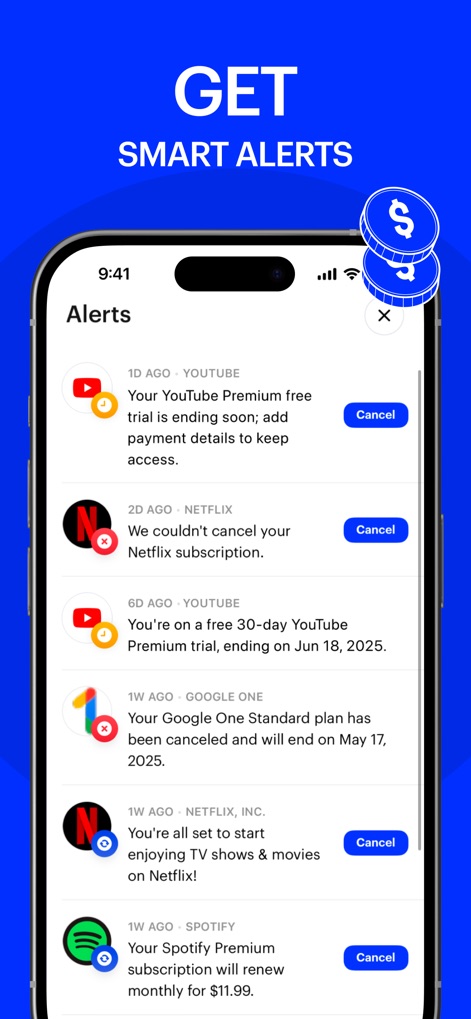 Cancel Subscriptions - La función "Alerts" notifica a los usuarios sobre eventos importantes como "YouTube Premium free trial is ending soon" y el estado de sus cancelaciones de "Netflix", ofreciendo acciones rápidas.