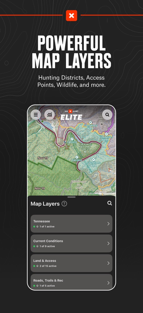 onX Hunt: GPS Hunting Maps App Store screenshot 5, headline “POWERFUL MAP LAYERS”. Headline readable at thumbnail size.