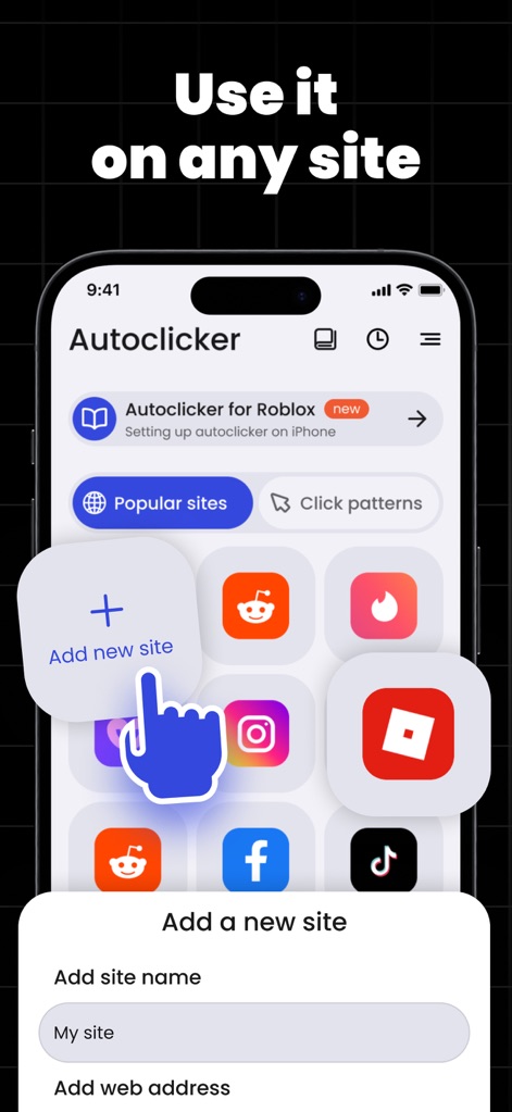 Auto Clicker Automatic Click - L'app offre una flessibilità ineguagliabile nell'automazione, consentendo agli utenti di aggiungere nuovi siti web, come evidenziato dalla sezione 'Popular sites' e dall'opzione '+ Add new site' per una personalizzazione completa.