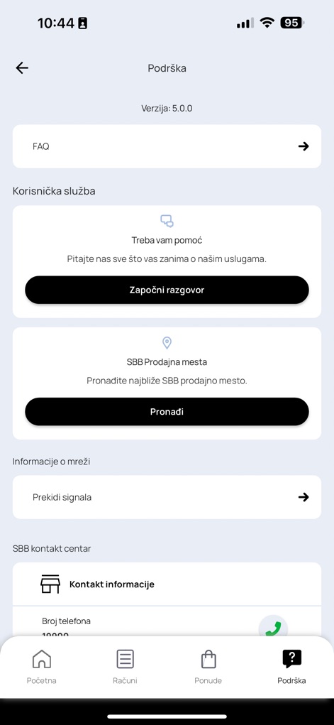Moj SBB - A seção de suporte oferece 'Započni razgovor' (iniciar chat) para assistência direta e a funcionalidade 'Pronađi' (encontrar) as localizações de vendas SBB, garantindo acessibilidade e conveniência.