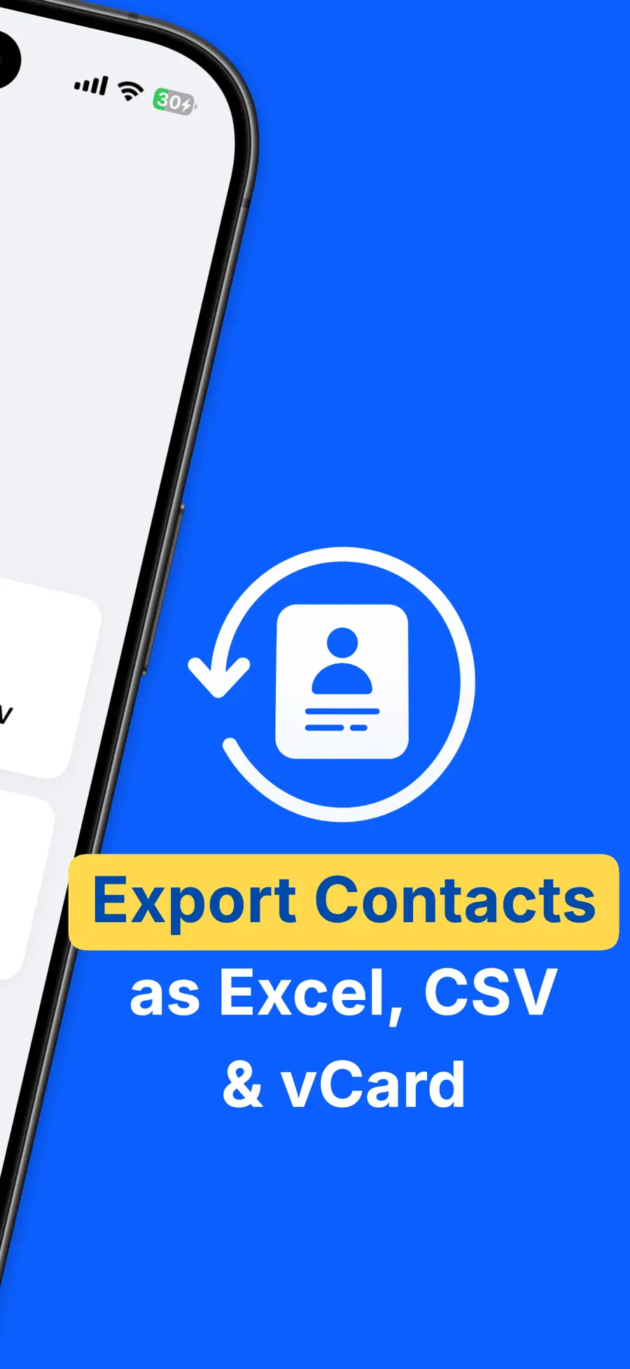 Export Contacts to Excel & CSV showing Excel, CSV, PDF, and vCard contact export options on iPhone (2/6)