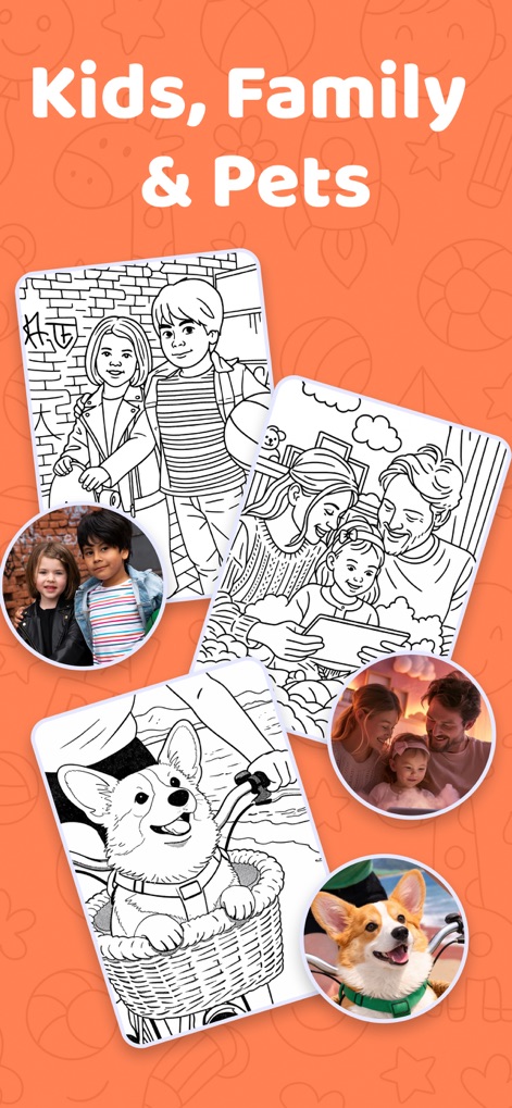 Sketchfy: Coloring Book Maker - Dieser Screenshot veranschaulicht die Anwendung der App für verschiedene Motive wie Kinder, Familien und Haustiere, indem er Originalfotos neben deren skizzierten Versionen darstellt.