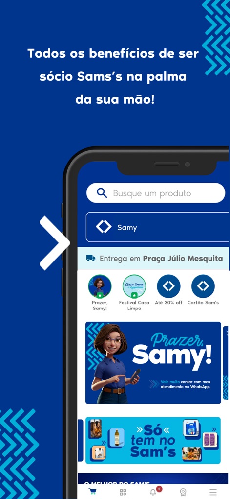Sam's Club Brasil - The app's dashboard highlights key member services like "Prazer, Samy!" (chatbot) and various promotional banners, centralizing all benefits.