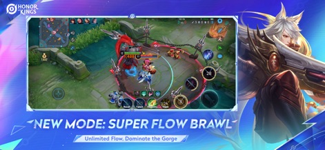 Honor of Kings - Witness the intense action of the 'Super Flow Brawl' mode, featuring unique combat visual effects and strategic health bar management during fierce engagements.