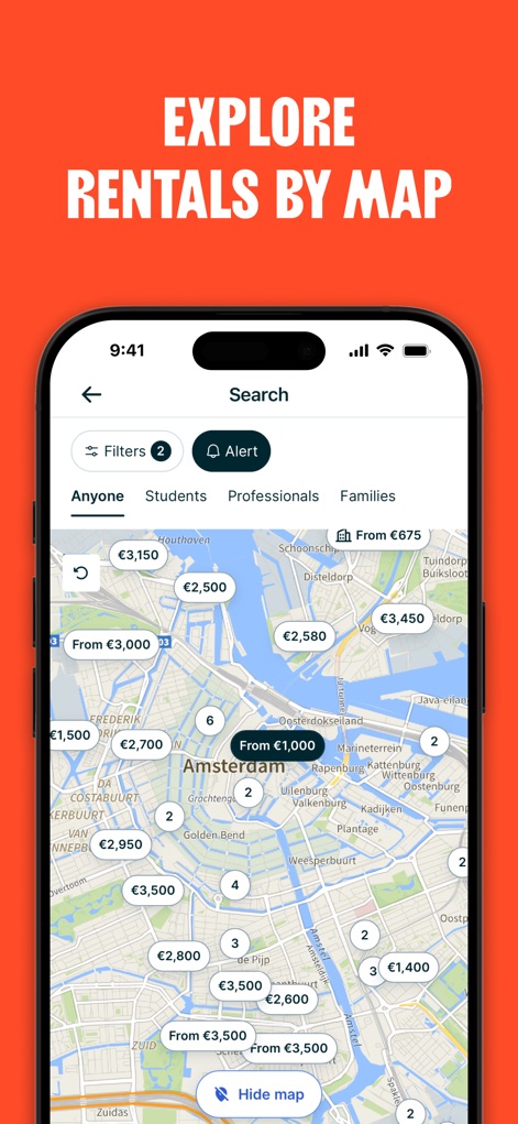 HousingAnywhere - The app provides an interactive map interface to 'Explore Rentals by Map', allowing users to discover properties with clear price overlays and quick access to search 'Filters'.