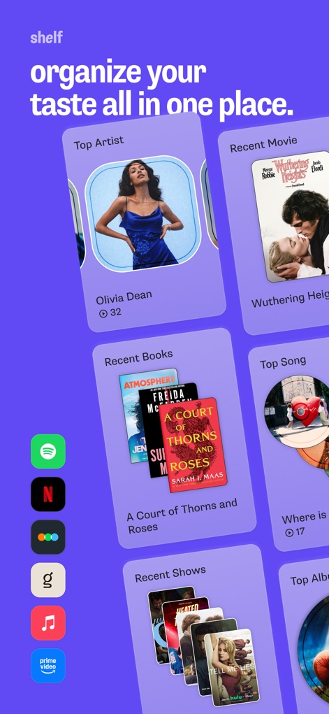Shelf: music, books, movies - The app intelligently groups media by type, showcasing "Top Artist" and "Recent Books" sections, alongside seamless integration with platforms like Spotify and Netflix.