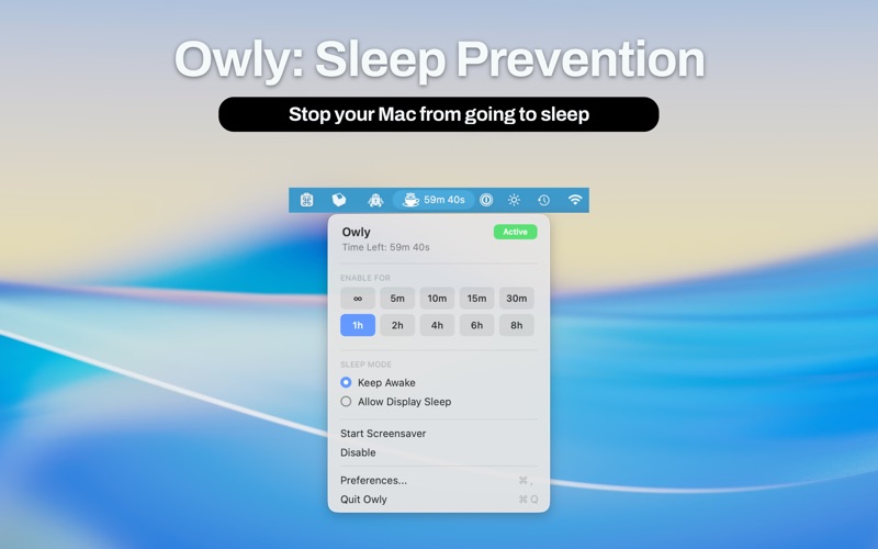 Screenshot #1 pour Owly - Prevent Display Sleep