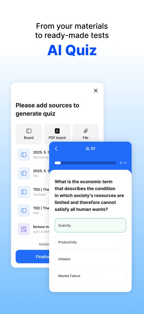 daglo, All-in-one AI - The 'AI Quiz' functionality allows users to generate custom quizzes from various sources like PDF boards, featuring interactive multiple-choice questions and selectable answers.