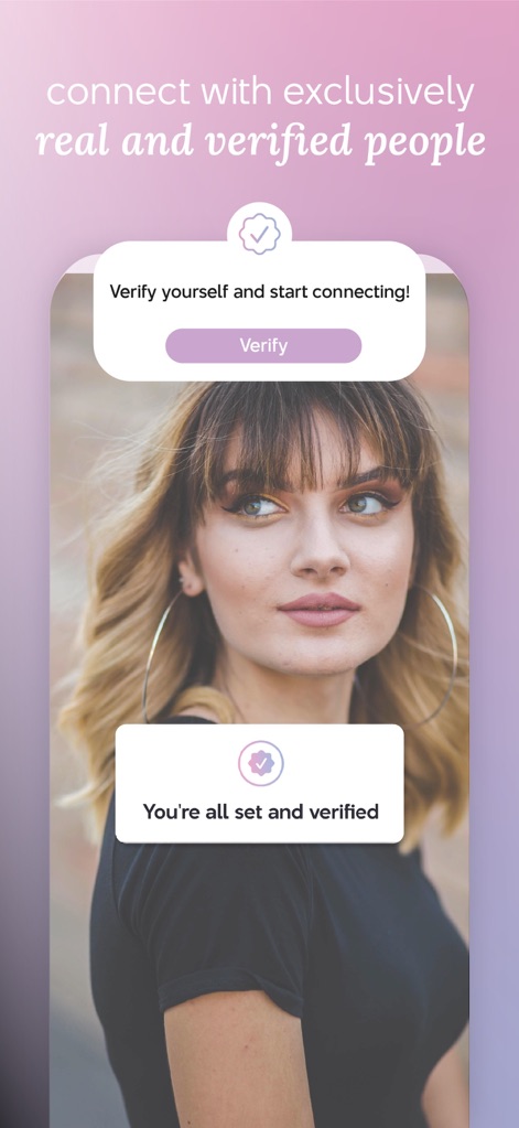 Chyrpe: Female-Led Dating - このアプリは「Verify yourself and start connecting!」というメッセージと確認済みを示すチェックマークを通して、すべてのユーザーに本人確認を義務付け、安全で信頼できるコミュニティの維持に努めています。