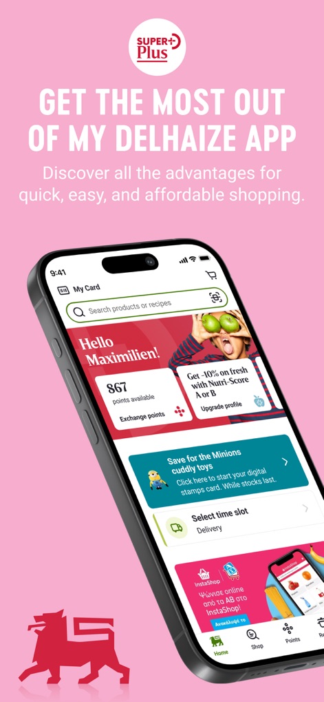 My Delhaize - This initial view highlights the user's loyalty points balance and an immediate discount on Nutri-Score A/B products.