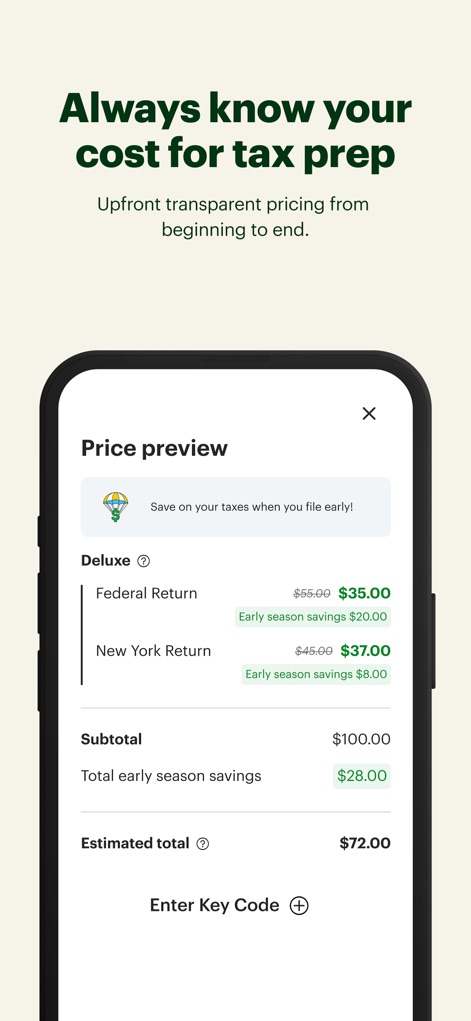 H&R Block Tax Prep: File Taxes - The app offers complete clarity with its "Price preview" screen, detailing itemized costs for federal and state returns and explicitly highlighting early season savings.