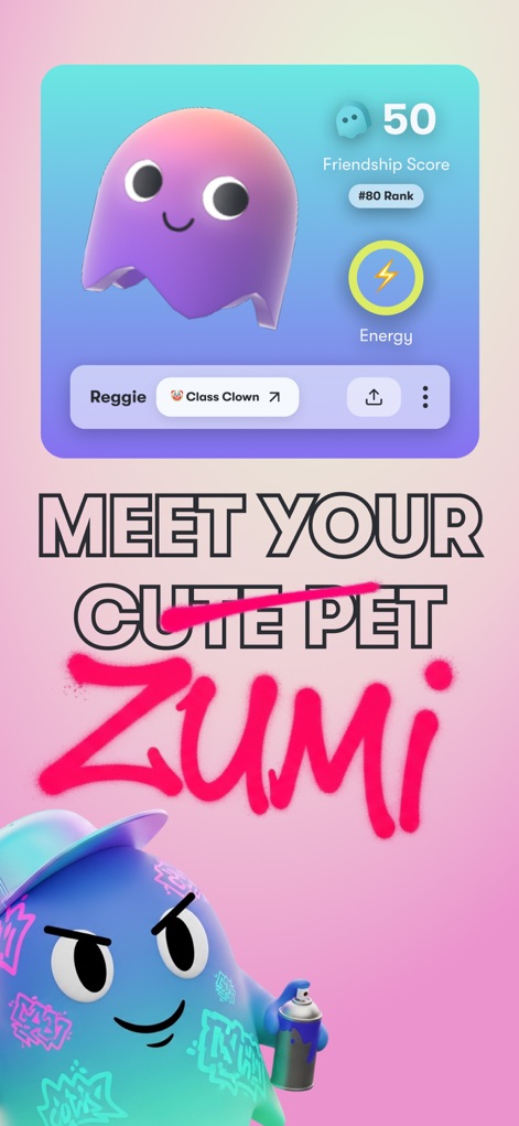 Zumi: Chat & Dress Up - La aplicación presenta al Zumi del usuario, destacando su "Puntuación de Amistad" y el medidor de "Energía" que refleja su vitalidad.
