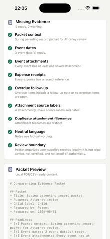 Co-parenting Evidence Journal screenshot