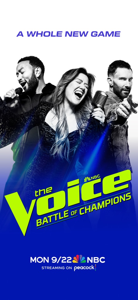 The Voice Official App on NBC - This initial screen effectively promotes the app's connection to the live show, showcasing the vibrant "Battle of Champions" branding and featuring the iconic lineup of coaches.