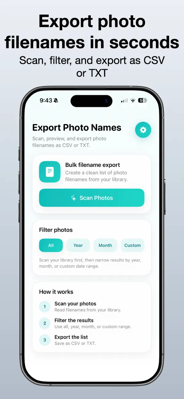 Screenshot #1 pour Export Photo Filenames
