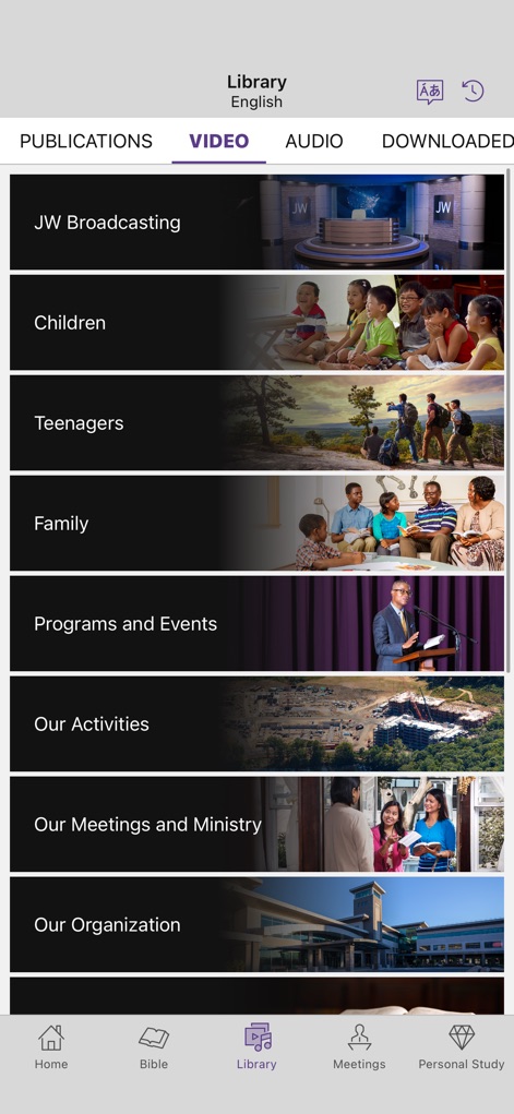 JW Library - The app offers a rich array of video content, categorizing it for easy discovery, including engaging programs for "Children" and "Teenagers," alongside official "JW Broadcasting" segments.