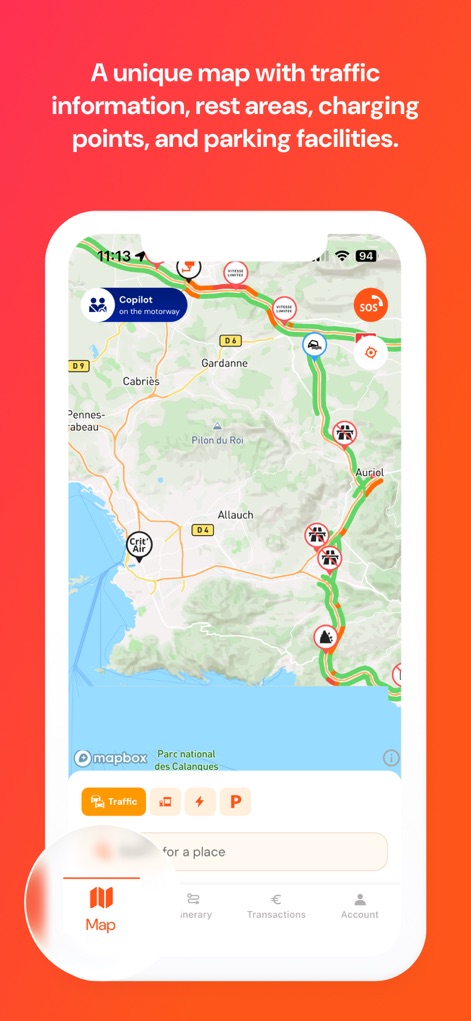 Ulys by VINCI Autoroutes - This tool offers a real-time map displaying current traffic conditions and clearly marked service icons for charging points and rest areas.