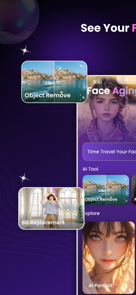 AgeLapse – Face Age Changer - Explore the intuitive interface showcasing essential AI editing tools like the precise "Object Remove" function and dynamic "BG Replacement" for creative photo transformation.