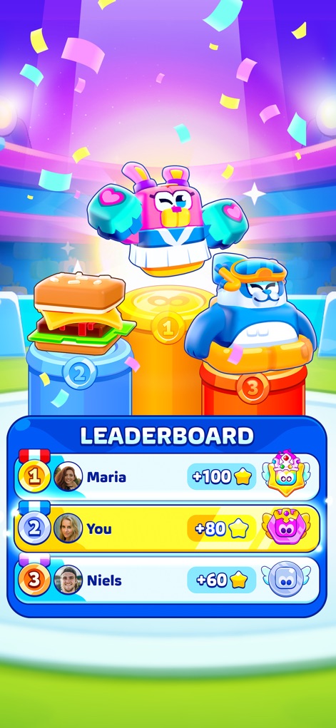 Paper.io 2 - L'application présente un tableau de classement compétitif, affichant les scores et les positions des joueurs, où les avatars personnalisés de chacun se disputent les premières places sur le podium virtuel.