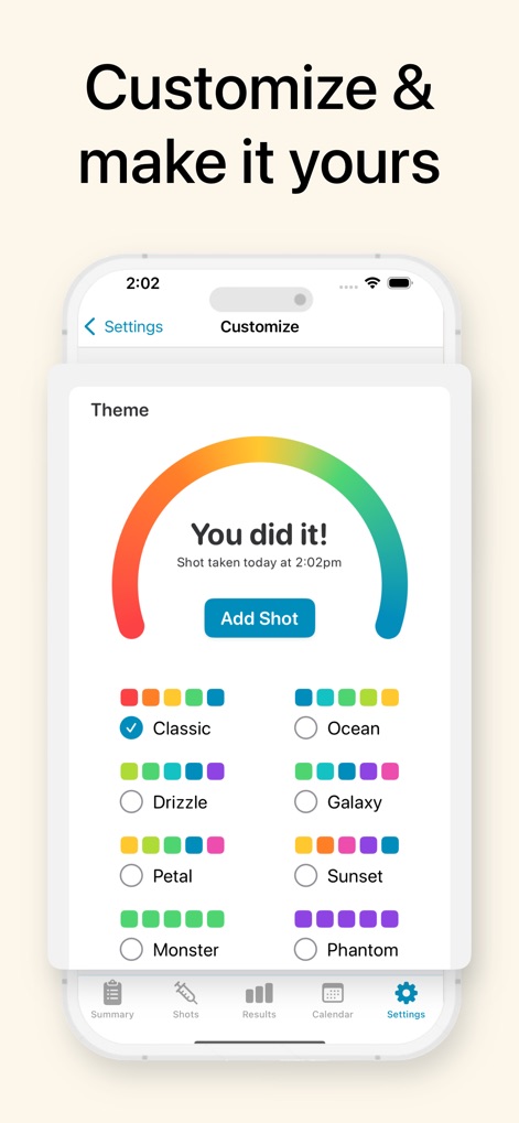 Shotsy GLP-1 Tracker - O aplicativo oferece opções de personalização, permitindo aos usuários escolherem temas visuais variados, como o 'Classic' ou 'Ocean'.