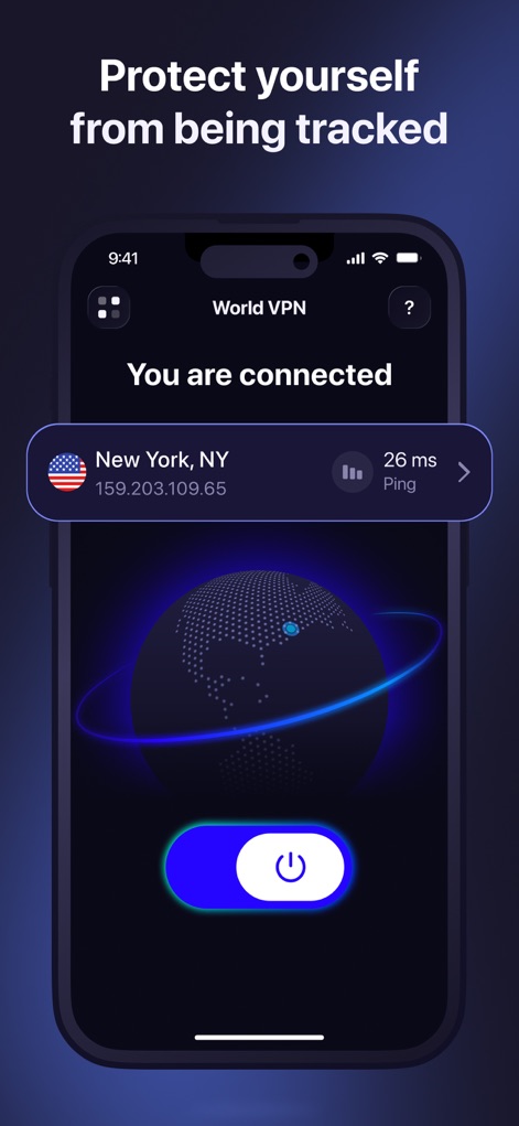 World VPN: Secure & Good Speed - Observe the clear 'You are connected' status and the precise server location, including a low 26 ms ping time, confirming an active and efficient VPN connection.