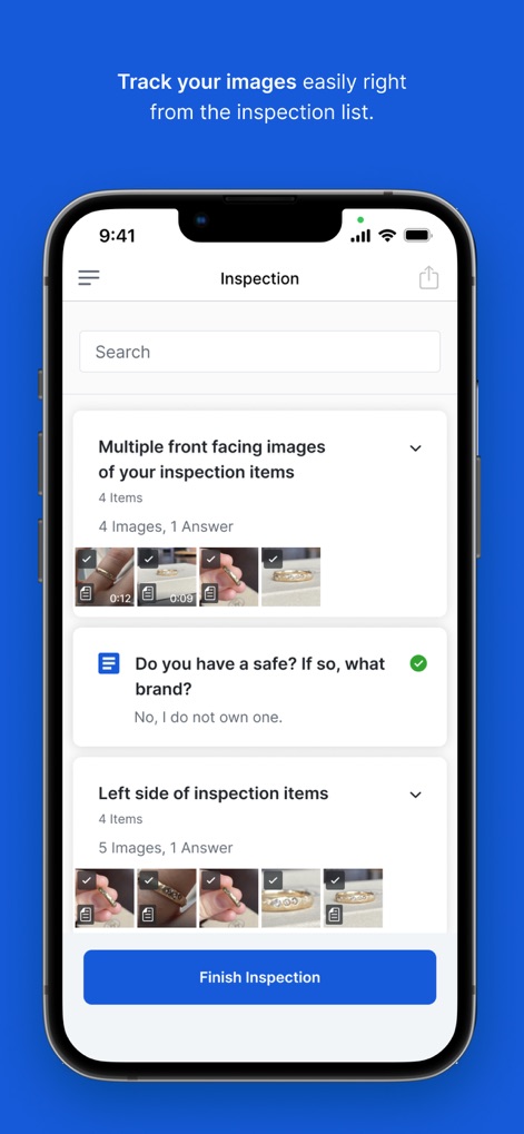 Truepic Vision - The inspection interface clearly displays progress with checkmarks for completed items and small thumbnail previews of captured images, enhancing oversight.