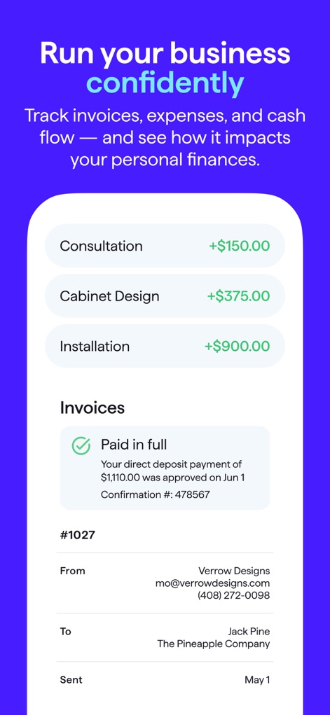 Quicken: Intelligent Money - The app streamlines business operations by showcasing recent transactions and providing a comprehensive invoice tracking system with detailed payment status and contact information.