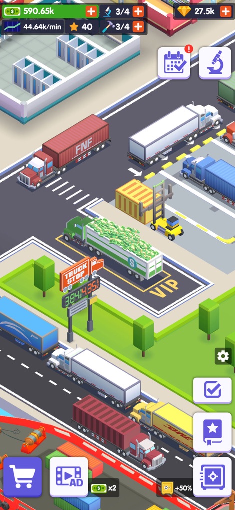 Truck Stop Tycoon-idle game - Esta imagen ilustra la dinámica de las operaciones, destacando un camión cargado de billetes que simboliza las ganancias y un montacargas operando en la zona VIP, evidenciando la eficiente logística de carga y descarga.