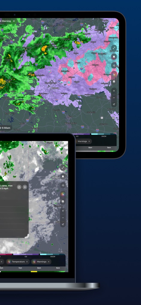 Storm Radar: Weather Tracker - This powerful app extends to desktop, presenting a wide-view radar map and an 'Ice' layer alongside other critical weather warnings on a Mac.