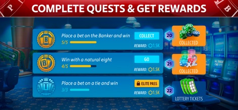 Baccarat online: Baccarist - Nutzer können tägliche Quests wie 'Win with a natural eight' abschließen, und die App belohnt dies mit einem attraktiven Belohnungssystem aus virtuellen Chips und Lotterielosen.