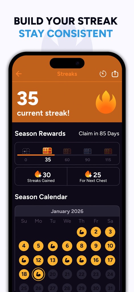 Liftoff - Ranked Gym Workouts - Cet outil encourage la régularité via un système de "séries d'entraînement" (streaks), avec des "récompenses de saison" clairement indiquées et un calendrier visuel.