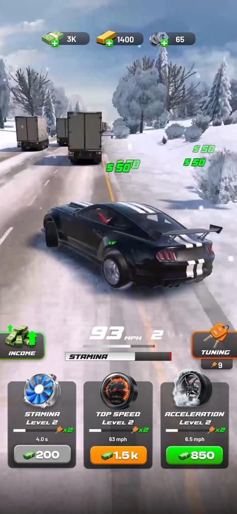 Highway Drift - Car Racing - Users can experience diverse road conditions, such as the snowy highway environment, while observing real-time speed feedback displayed at 093 mph.