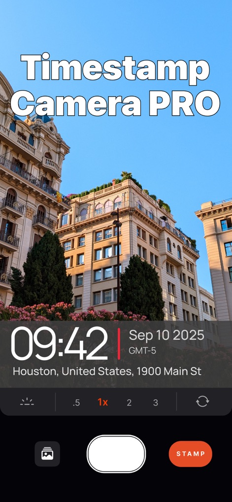 Timestamp Camera: Photo GPS - Esta captura destaca a interface intuitiva do aplicativo "Timestamp Camera PRO", exibindo a hora (09:42) e o endereço detalhado (Houston, 1900 Main St) carimbados na imagem.