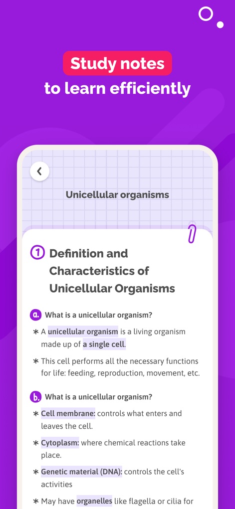 SchoolMouv - AI Tutor & Quiz - Cet outil offre des notes d'étude claires et concises, présentant la "Definition and Characteristics of Unicellular Organisms" avec des points clés comme le "Cell membrane" bien expliqués pour une meilleure compréhension.