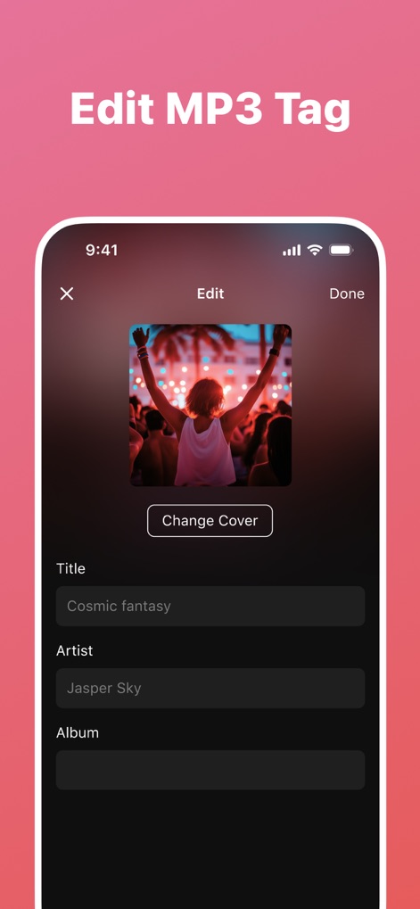 Offline Music & MP3 Player - This tool allows users to meticulously edit track 'Title' and 'Artist' metadata and easily 'Change Cover' art for their audio files.