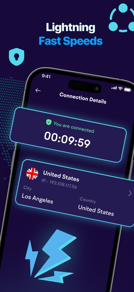 Secure VPN: Private & Fast - Esta sección proporciona una confirmación visual "You are connected" y el tiempo de conexión, además de mostrar los detalles específicos de la ubicación del servidor, como Los Ángeles, Estados Unidos.